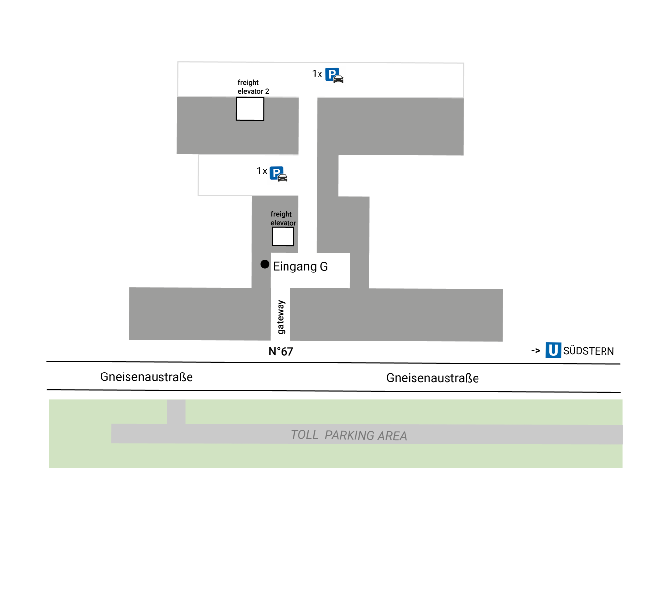 Hier ist der Lageplan des Foto- und Filmstudios sowie die Lage der beiden Aufzüge und der beiden Parkplätze im Herzen von Berlin-Kreuzberg.